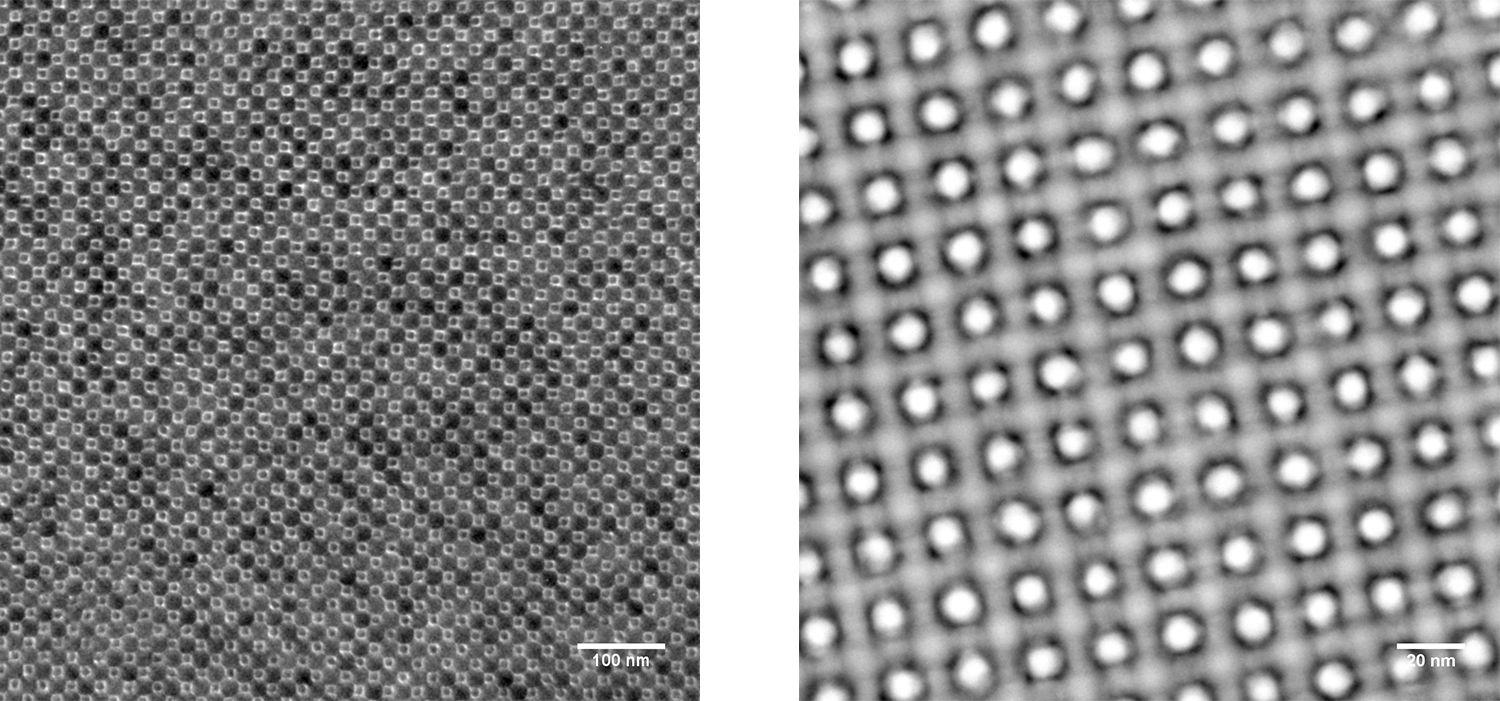 Binary supercrystals: Left image shows an area of about 800 x 800 nm. Right image shows an area of about 200 x 200 nm of a supercrystal with slightly different periodicity.