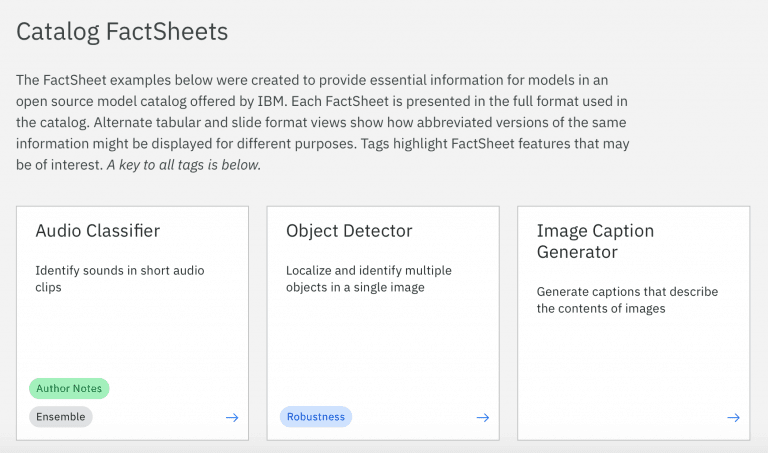 Screenshot of the AI Factsheets website with the title Catalog Factsheets