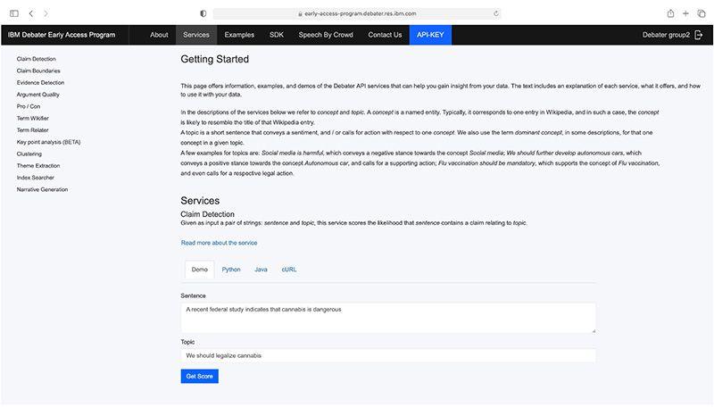 Screenshot of the landing page for getting started with Project Debater