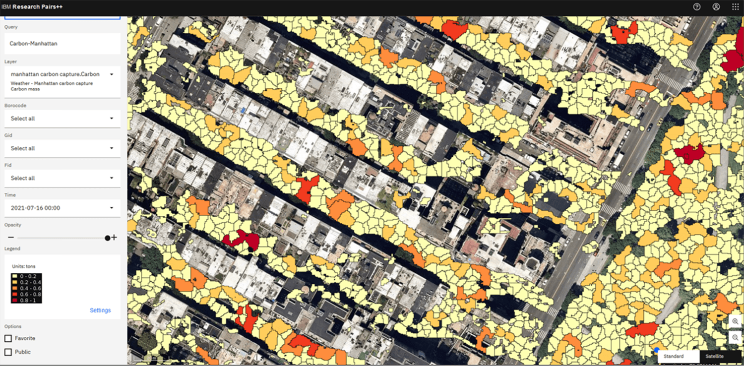 Carbon sequestration for Manhattan, NYC trees mapped at city level.