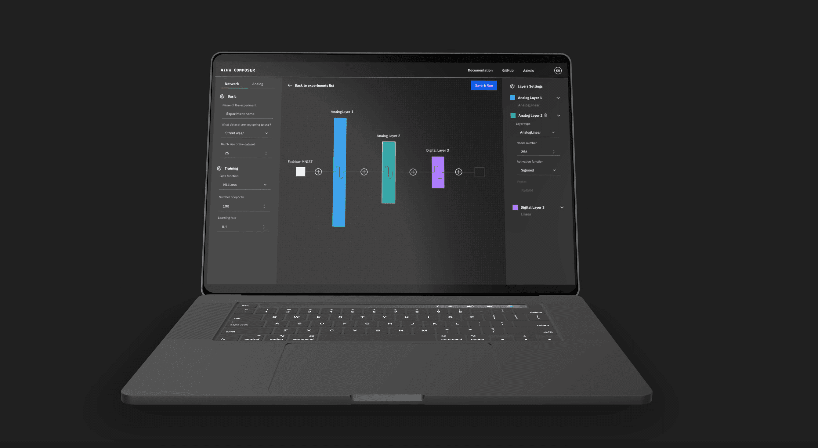 The landing page for IBM Research's AI Hardware Composer presented on a rendering of a laptop